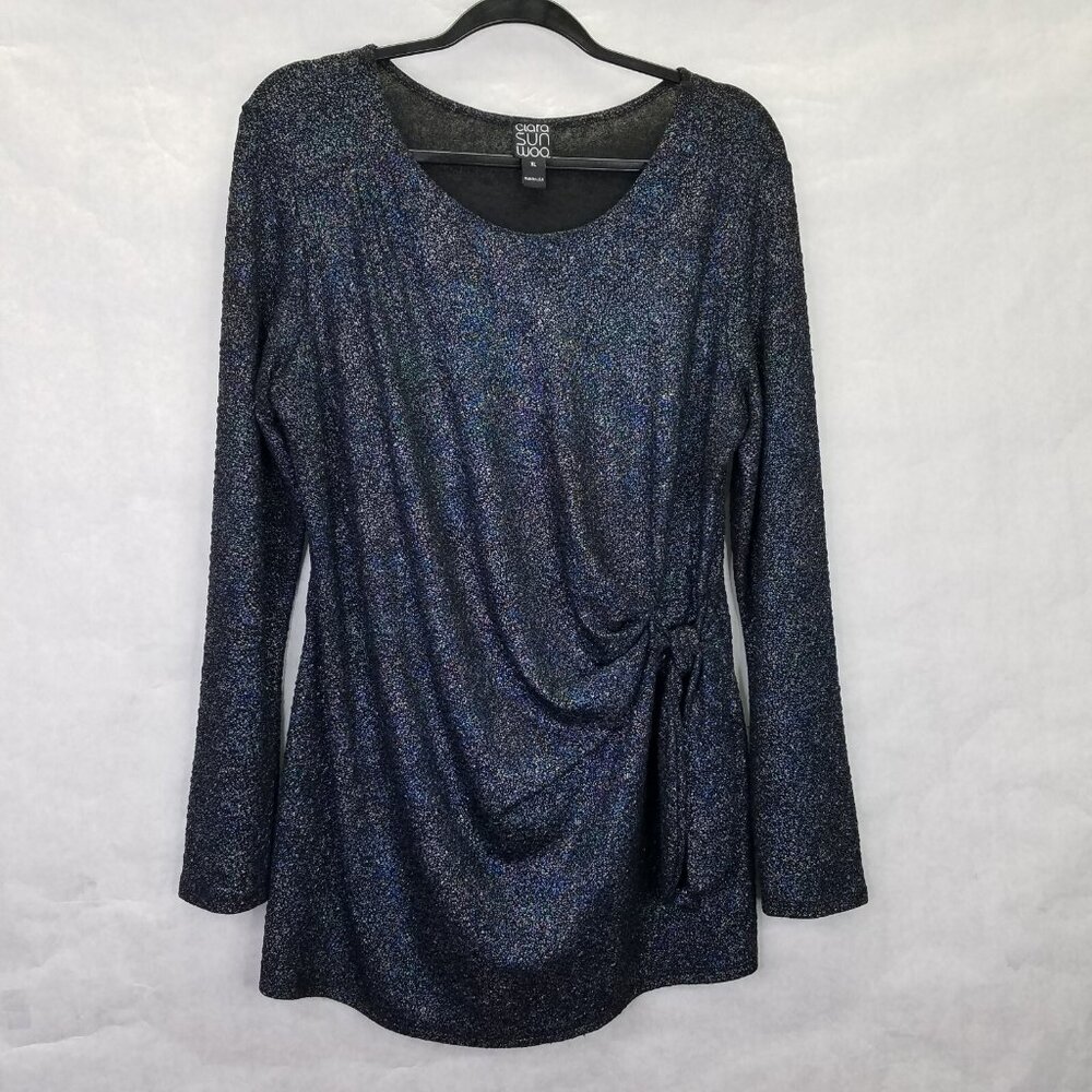Clara Sun Woo Tunic Top Women's XL Metallic Speckled Black Tie Front Sparkle Art